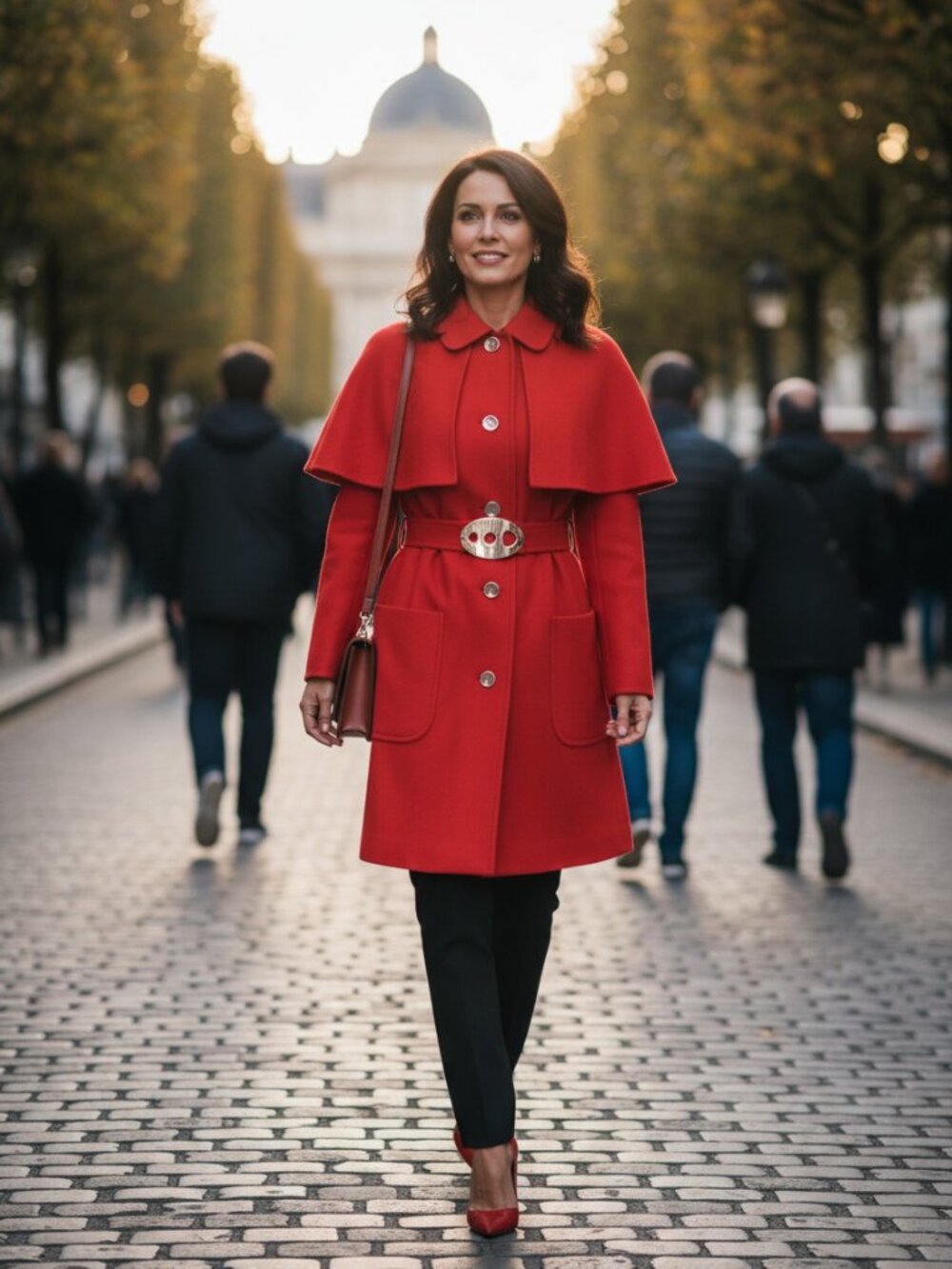Designer Paul & Joe Red Wool Blend Cape & Patch Pockets Button Closure Trench M